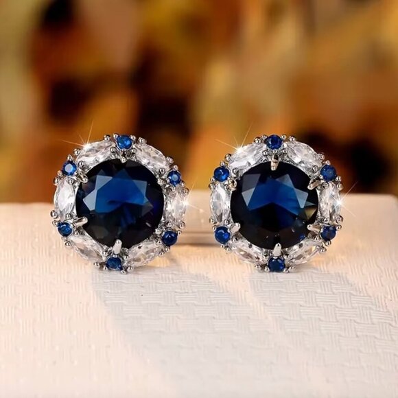 18k White Gold Blue Sapphire Diamond Earrings Round Earrings - Picture 4 of 4